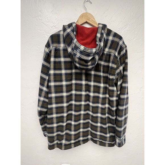 LL Bean Fleece Lined Flannel Shirt Jacket Size L Blue Grey Orange Cotton Hoodie - Picture 5 of 5